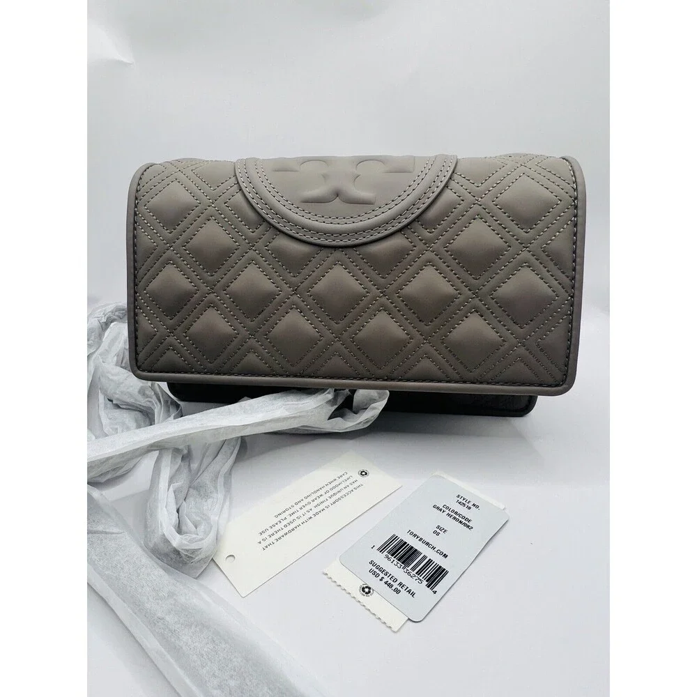 Tory Burch Fleming Matte Wallet on Chain Crossbody Clutch Gray Heron New $448